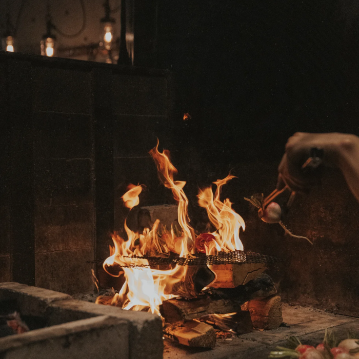 Open fire grill with flames and wood logs, vegetables roasting on a mesh.