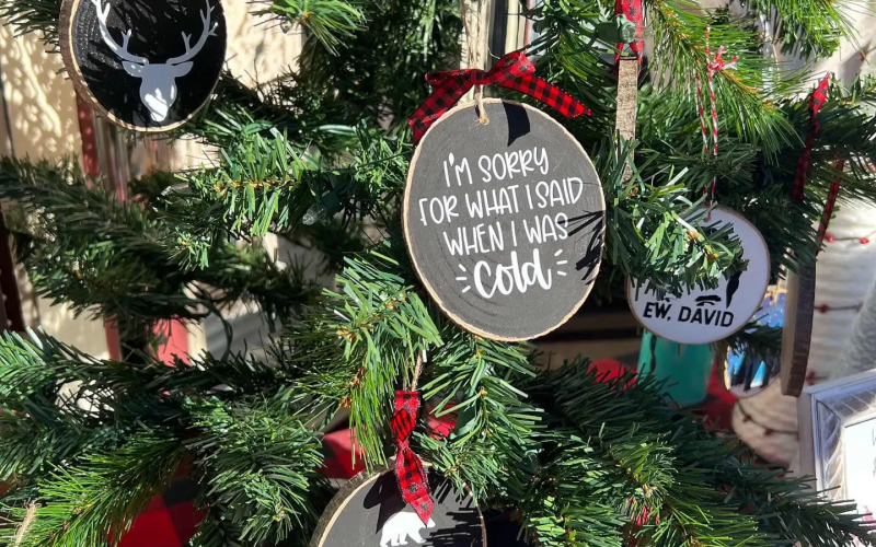 Christmas tree with handmade wood slice ornaments featuring festive sayings.